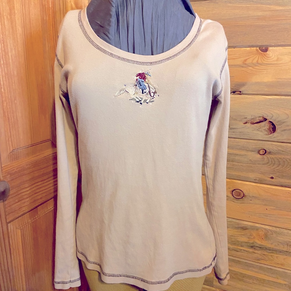 Tan long sleeved embroidered bucking horse t-shirt